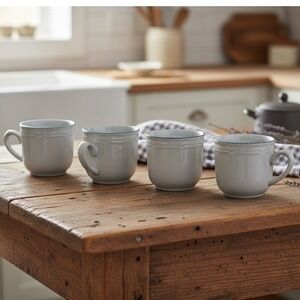 Inter-National Stoneware Coffee Cups, Set of 4, Vintage Blue Rim Mugs, Drinkware